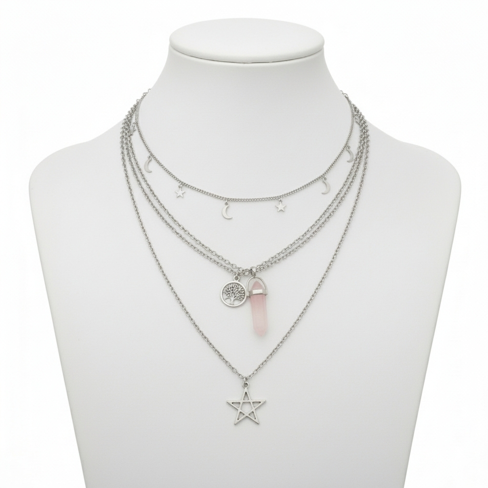 NWT Silver and Pink Quartz Multi-Layer Necklace Set